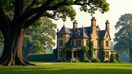 A Majestic Estate Home, Nestled Among Lush Greenery and Mature Trees, Exudes Tranquility and Elegance
