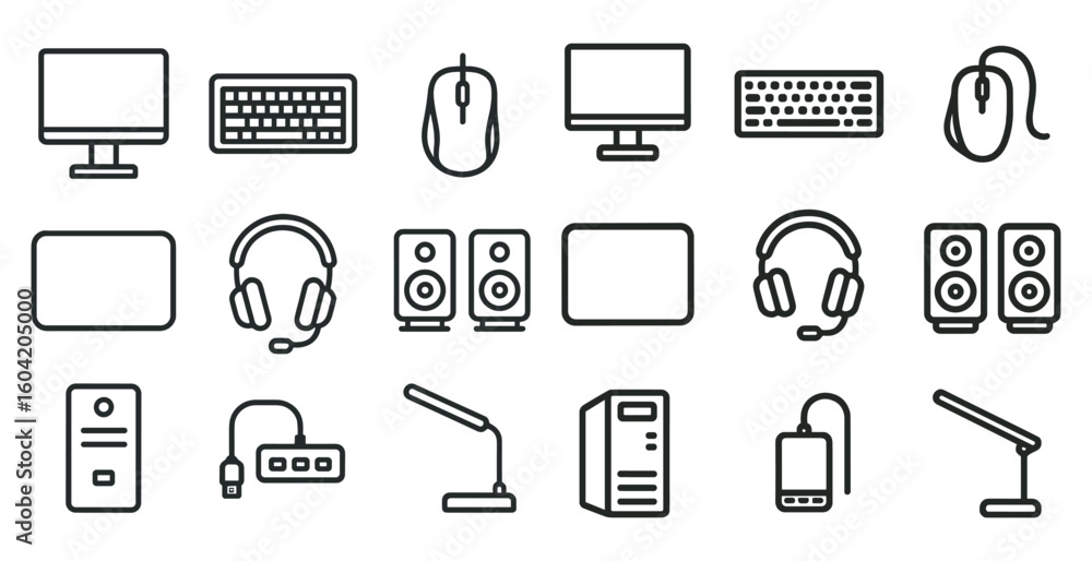 Poster office technology line icons set – flat, outline, computer and device symbols