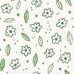 Seamless Hand-Drawn Floral and Leaf Pattern in Crayon Style
