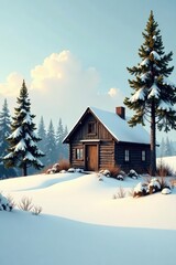 Serene Winter Cabin nestled in a snow-covered landscape, surrounded by evergreen trees under a partly cloudy sky