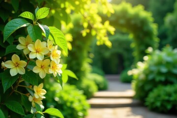 Sunlit Garden Path Framed by Vibrant Yellow Blossoms and Lush Green Foliage