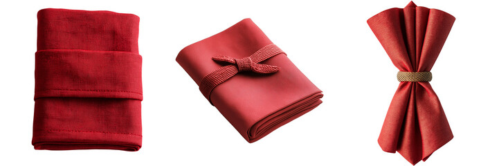 Set of red rolled napkin, isolated 