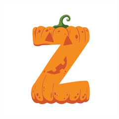 The letter Z styled like a pumpkin, complete with orange texture and green vine top, perfect for spooky designs.