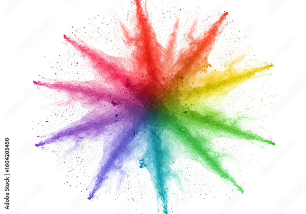 Poster a burst of vibrant rainbow colors explodes in a dynamic powder splash, isolated on transparent backg