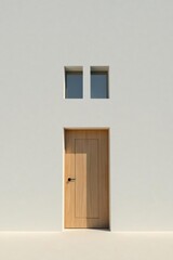 Simple Minimalist Exterior Wooden Door and Two Small Windows on a White Wall
