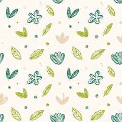 Seamless Hand-Drawn Floral and Leaf Pattern in Crayon Style