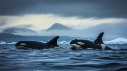 Fototapeta premium Orcas glide through chilly waters beneath a gray sky, surrounded by distant mountains.
