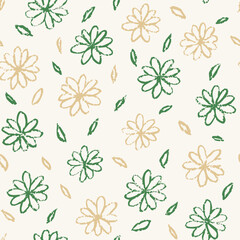 Seamless Hand-Drawn Floral and Leaf Pattern in Crayon Style