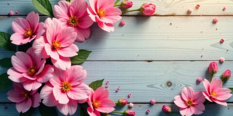 Pink blossoms arranged on weathered pale blue wood background with copy space