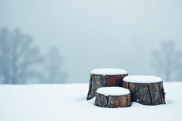 Winter Wonderland Three snow-covered tree stumps in a serene snowy landscape, offering a tranquil and peaceful scene.