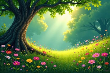 Serene Spring Meadow Landscape Featuring a Majestic Ancient Tree and Vibrant Wildflowers Basking in the Golden Sunlight