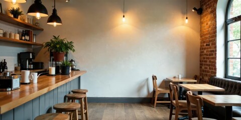 A rustic cafe interior design showcasing a minimalist aesthetic with warm lighting and wooden furniture