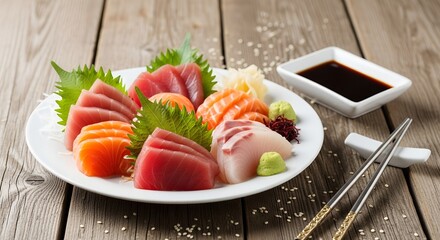 eye level of sashimi on plate on wooden table 