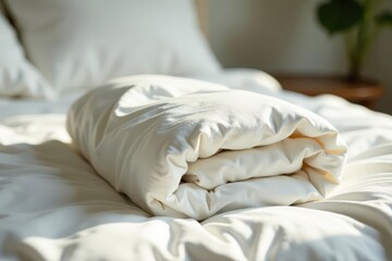 Soft, creamy white comforter neatly folded on a bed, bathed in gentle sunlight, inviting restful sleep