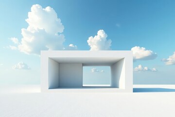 Minimalist white structure against a serene sky with fluffy clouds offering a tranquil and open view