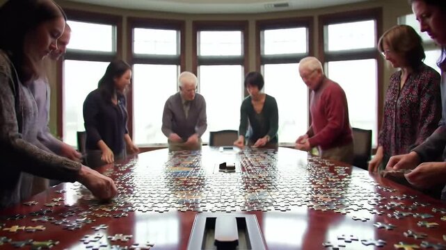 Team assembling giant jigsaw puzzle