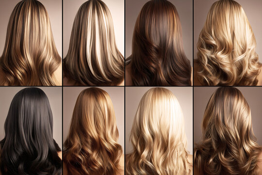 Professional hair color chart showing eight different hair color variations with highlights lowlights and natural waves from behind for salon reference and styling inspiration.