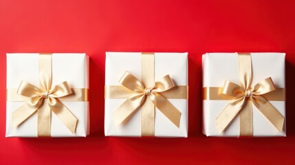 Elegant White Gift Boxes with Golden Ribbons on Red Background