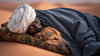 Fictional African man sleeping with his dog in the desert. The man is wearing a white turban and a black blanket, and is sleeping on a bed made from patterned fabric. The dog is snuggling up to him.