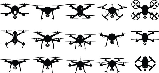 Drone Silhouettes Vector Set – Quadcopters and Hexacopters with Cameras for Aerial Photography, Surveillance, Technology, and UAV Design Projects