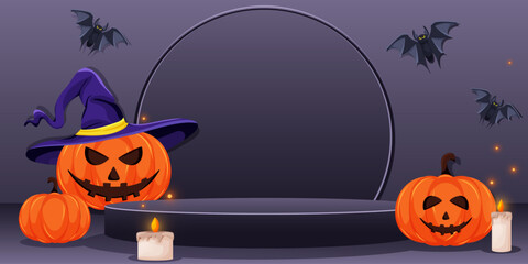 Halloween product display podium with pumpkin, flying bat and candles. Dark background, vector illustration