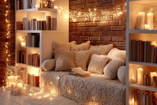Cozy reading nook with warm lighting