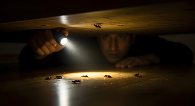 A man investigates insects under his bed using a flashlight at night, discovering a potential pest problem requiring immediate attention and professional pest control services.