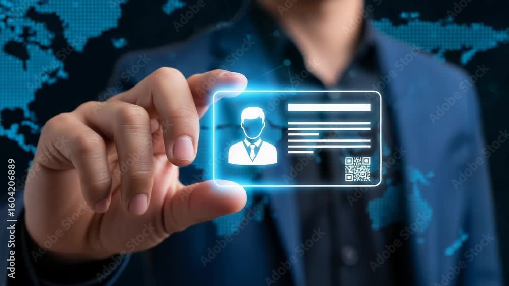Poster a man in a suit holds a glowing digital identification card with a qr code and personal information 