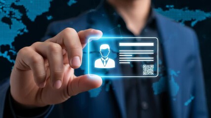 A man in a suit holds a glowing digital identification card with a qr code and personal information against a background of a digital world map - Powered by Adobe