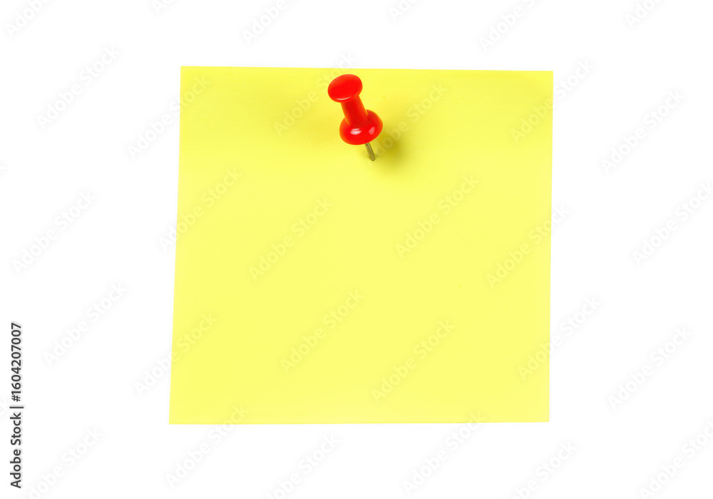 Poster a yellow sticky note attached with a red push pin, isolated on transparent background
