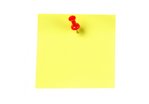 A yellow sticky note attached with a red push pin, isolated on transparent background