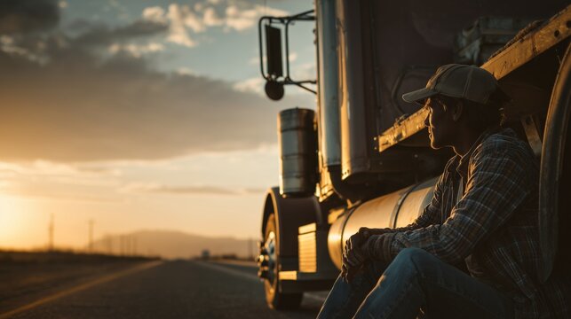 truck driver resting by semi truck at sunset on rural roadside