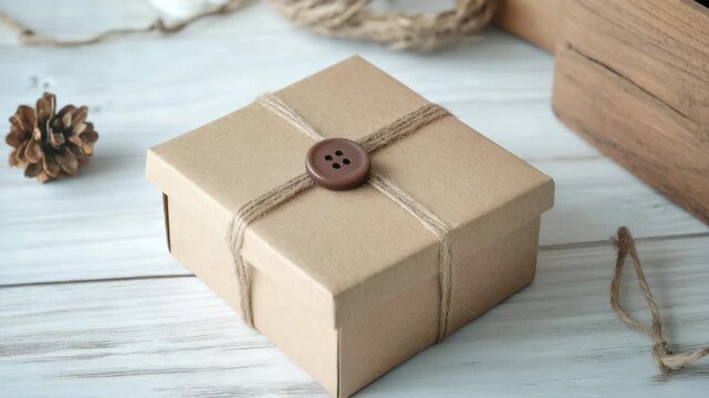 Small brown gift box tied with twine and button on white wooden surface