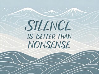 Inspirational quote about silence and wisdom displayed over a serene landscape of rolling waves and distant mountains