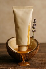 Natural Skincare Tube with Honey, Coconut, and Lavender on Rustic Background