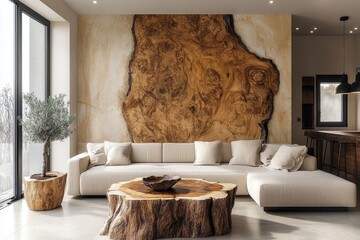 Massive wood root panel in a room with a beige corner sofa and tree stump coffee table, exemplifying rustic interior design in a modern living room, Generative AI