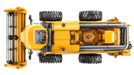 Overhead view showcases a yellow harvester with large tires and a cutting head for agricultural work