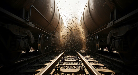 Dramatic sunbeams pierce through the darkness illuminating a weathered train track leading into a...