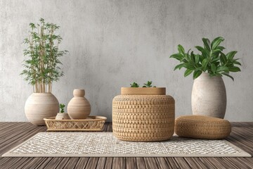 Beige and brown woven decor on a wooden floor