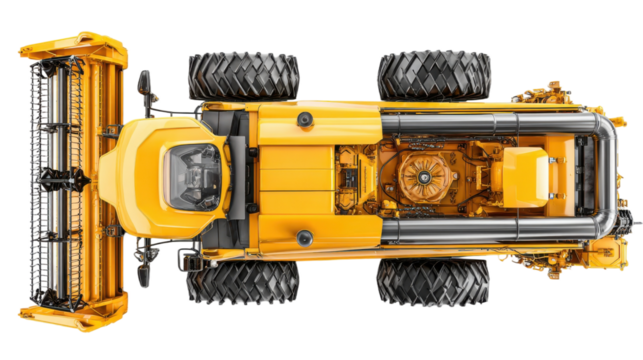 Overhead view showcases a yellow harvester with large tires and a cutting head for agricultural work