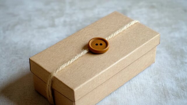 Small, brown cardboard gift box tied with twine and button closure on gray surface