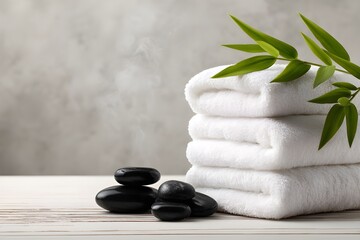 Soft background with rolled towels, green bamboo stems and stones on natural spa background for wellness and relaxation. Spa composition. Self care. Beauty and wellness treatment. Massage 