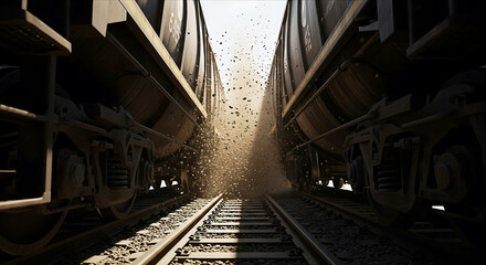Perspective view looking down a railway track between two dark freight train cars with sunlight streaming through a gap