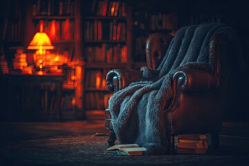 Cozy leather armchair draped in a gray blanket in a dimly lit library