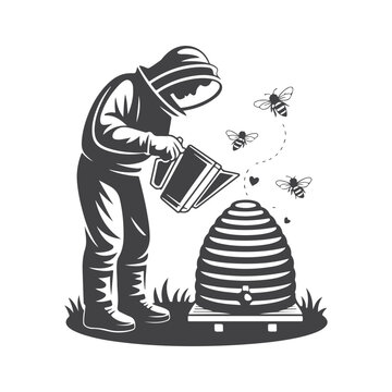 beekeeper tending beehive, bees, monochrome clip art preview