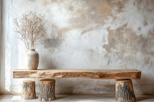 Rustic wood slab on tree stumps with a wooden bench near an empty stucco wall, offering space for customization, Generative AI