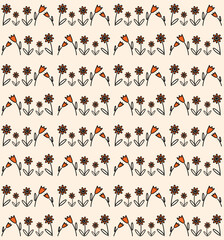 Small orange flowers in black outline isolated on light orange background. Vector modern seamless pattern for wrapping paper, wallpaper, fabric, textile, decoupage.