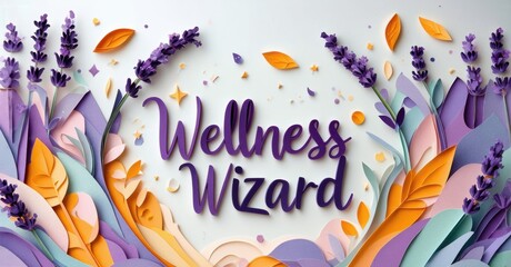 Fototapeta premium Papercraft design features lavender, leaves, text Wellness Wizard. Soft purple, yellow hues create calming aesthetic. Floral elements dominate composition.
