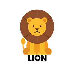 A flat style illustration of a cute cartoon lion with a round mane, sitting on a white background. Perfect for educational materials, kids' books, and zoo-related graphics.