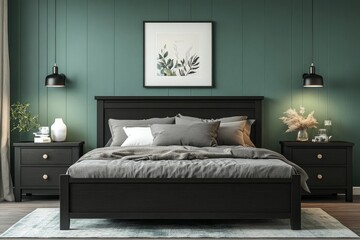 Black nightstands and a bed with grey bedding, set against a green wall with a framed poster. Scandinavian-inspired bedroom interior design, Generative AI